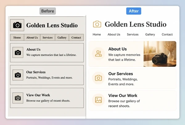 The same photography studio page shown twice, dated styling beside its refreshed design