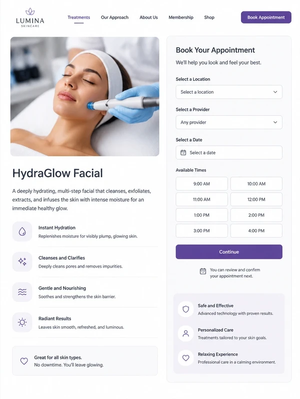A skincare clinic treatment page with a booking panel beside the treatment details