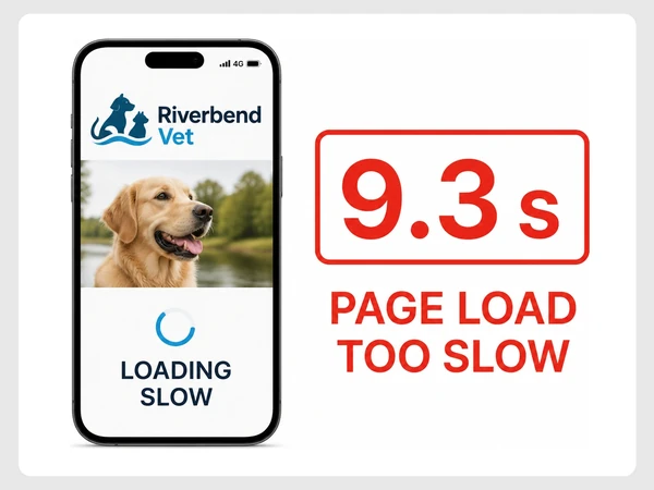 Riverbend Vet phone page remains half loaded on 4G at 9.3 seconds.