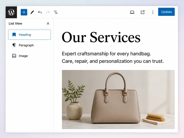A WordPress editor open on a handbag brand services page with three content blocks