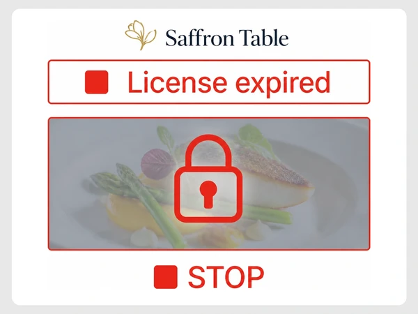 Saffron Table page editor is grayed out beneath a red License expired banner and padlock.