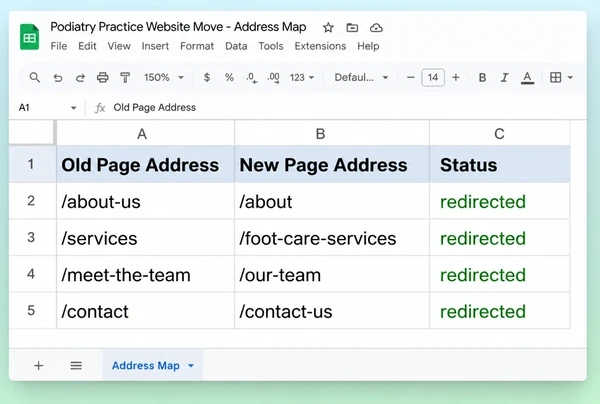 A Google Sheets redirect map for a podiatry practice website with four old and new addresses