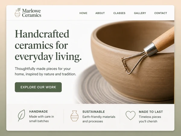 A modernised ceramics studio home page with a clear headline, one photograph and one button