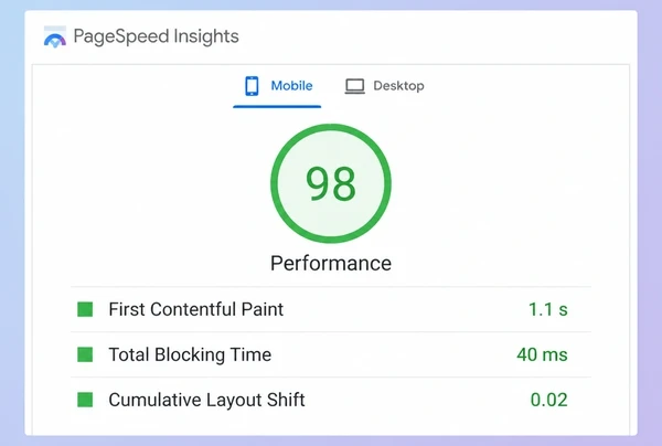 A PageSpeed Insights report for a day spa page with a green score and three timings