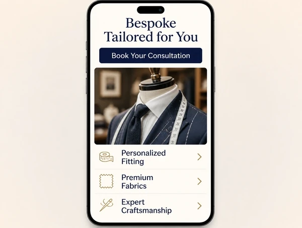 A rebuilt bespoke tailor page shown at phone width with large type and one button