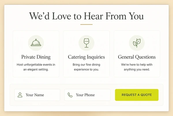 A rebuilt fine dining restaurant page ending in a contact strip with two fields and one button