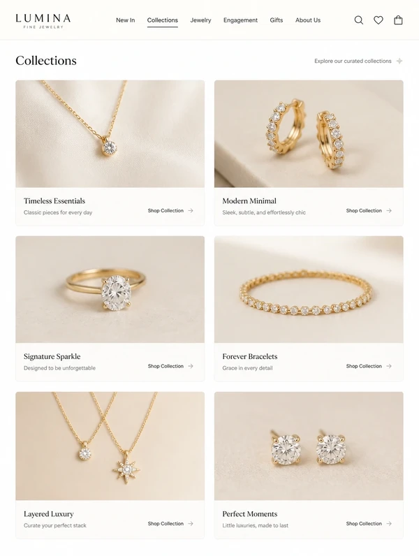 A redesigned fine jewellery boutique website homepage with a collection grid