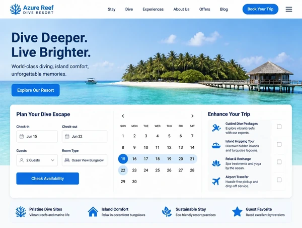A redesigned island dive resort website homepage with a trip booking calendar