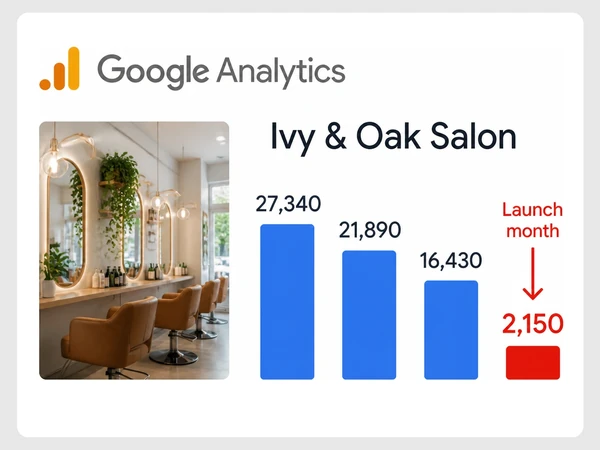 Ivy & Oak Salon Google Analytics chart shows three tall bars before a short red Launch month bar.