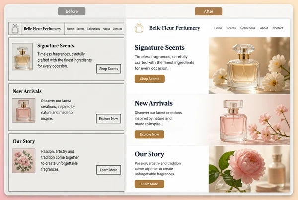 The same perfumery page shown twice, dated styling beside its refreshed design
