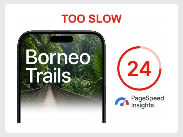 Borneo Trails phone page remains half loaded beside a red Google PageSpeed Insights score of 24.