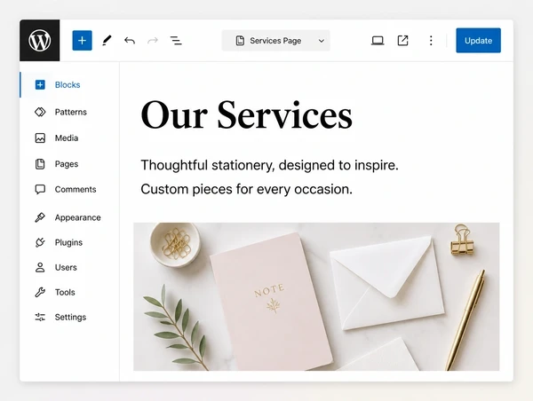 A WordPress editor open on a stationery brand services page with three content blocks
