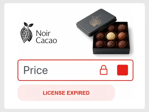 Noir Cacao product editor locks its blank amount field because the license expired.