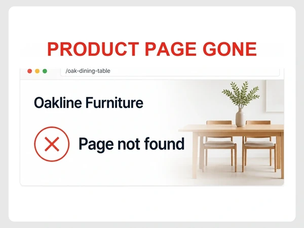 Oakline Furniture browser page for oak dining table returns Page not found beside a red circle X.