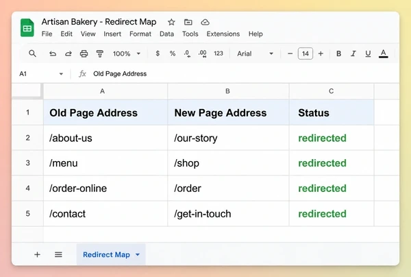 A Google Sheets redirect map for an artisan bakery website with four old and new addresses