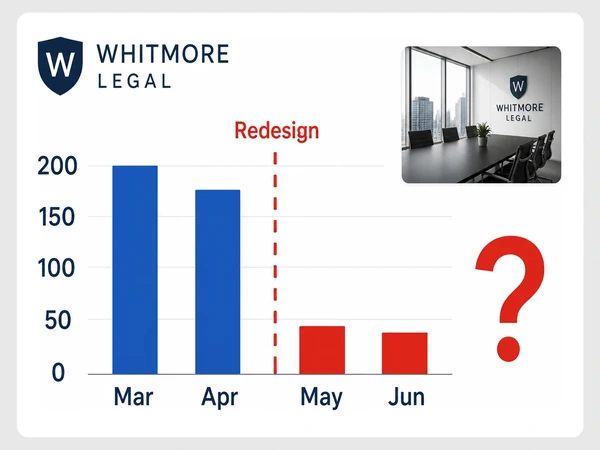 Whitmore Legal monthly inquiries fall after Redesign while a red question mark leaves the reason unexplained.