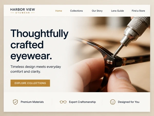 A modernised eyewear brand home page with a clear headline, one photograph and one button