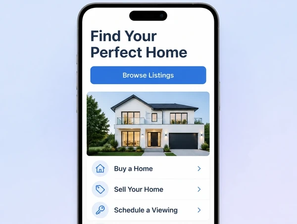 A rebuilt real estate page shown at phone width with large type and one button