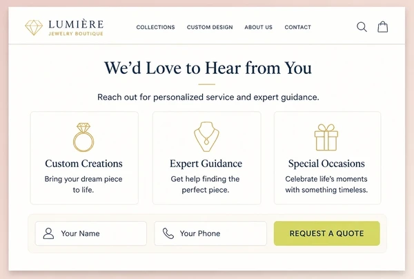 A rebuilt jewellery boutique page ending in a contact strip with two fields and one button