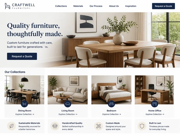 A redesigned furniture maker homepage with collection tiles and a request a quote button