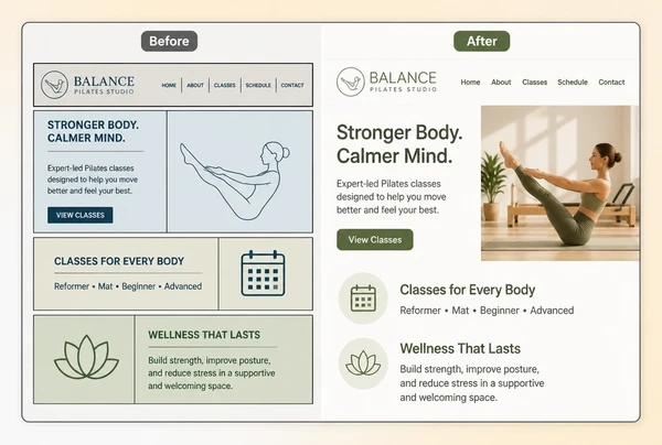 The same pilates studio page shown twice, dated styling beside its refreshed design