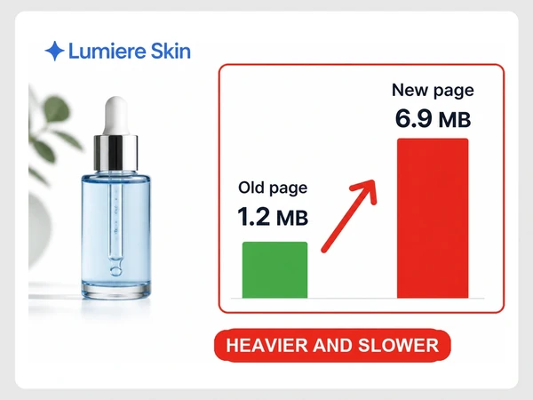 Lumiere Skin page weight rises from 1.2 MB on the old page to 6.9 MB on the new page.