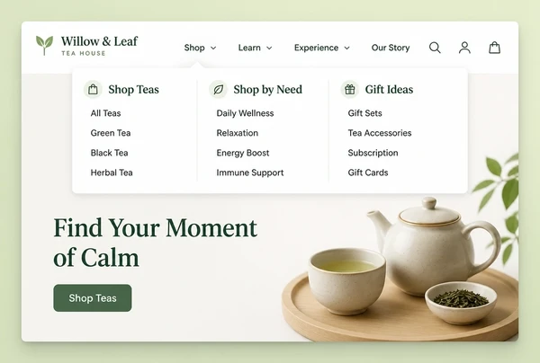 A tea house website with its menu open, pages regrouped into three labelled columns