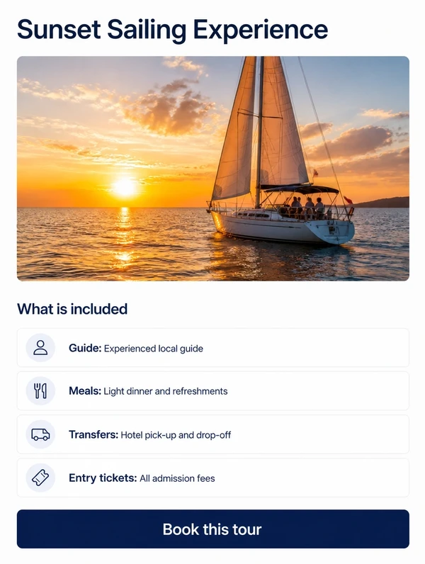 A travel tour page section with four included items and a book this tour button