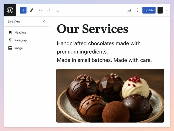 A WordPress editor open on a chocolate maker services page with three content blocks