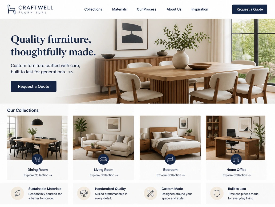 A redesigned furniture maker homepage with collection tiles and a request a quote button