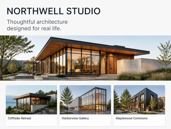 An architecture studio homepage section with a building photo and three project cards