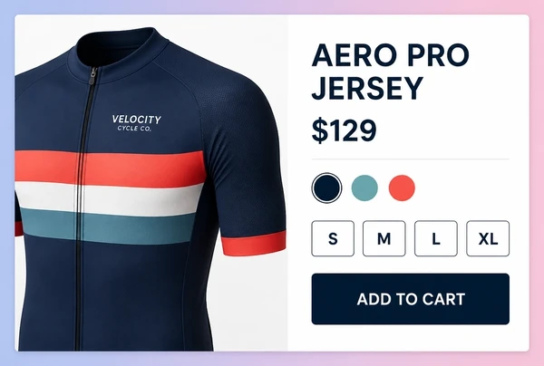 A cycling store product page showing a jersey photo, its price, colour dots, sizes and a buy button
