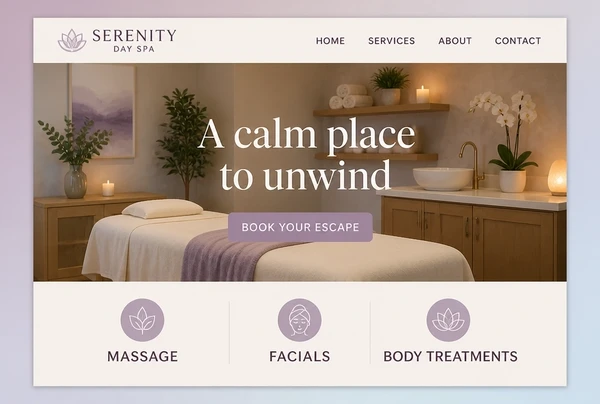 A day spa home page rebuilt with a calm header, one large photograph, a headline and three services