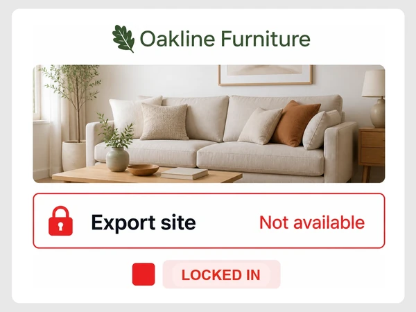 Oakline Furniture page builder locks Export site as unavailable beside a red stop square.