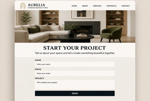An interior design studio page with a start your project heading and a three field enquiry form