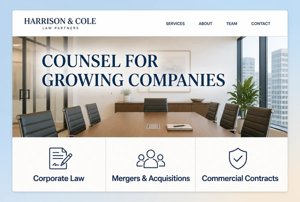 A law practice home page with a business header, a headline over a meeting room photo and three cards