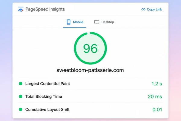 A PageSpeed Insights mobile report with a green score of 96 and three metric rows beneath it