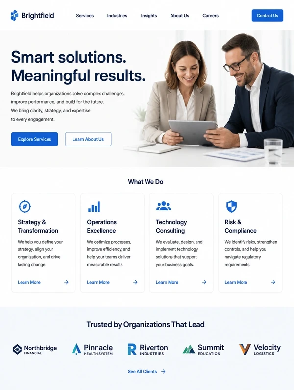 A redesigned professional services website homepage