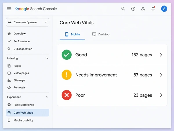 A Search Console Core Web Vitals mobile report with good, needs improvement and poor page counts