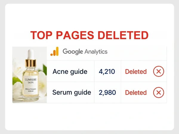 Lumiere Skin Google Analytics marks its Acne guide with 4,210 visits and Serum guide with 2,980 as deleted.