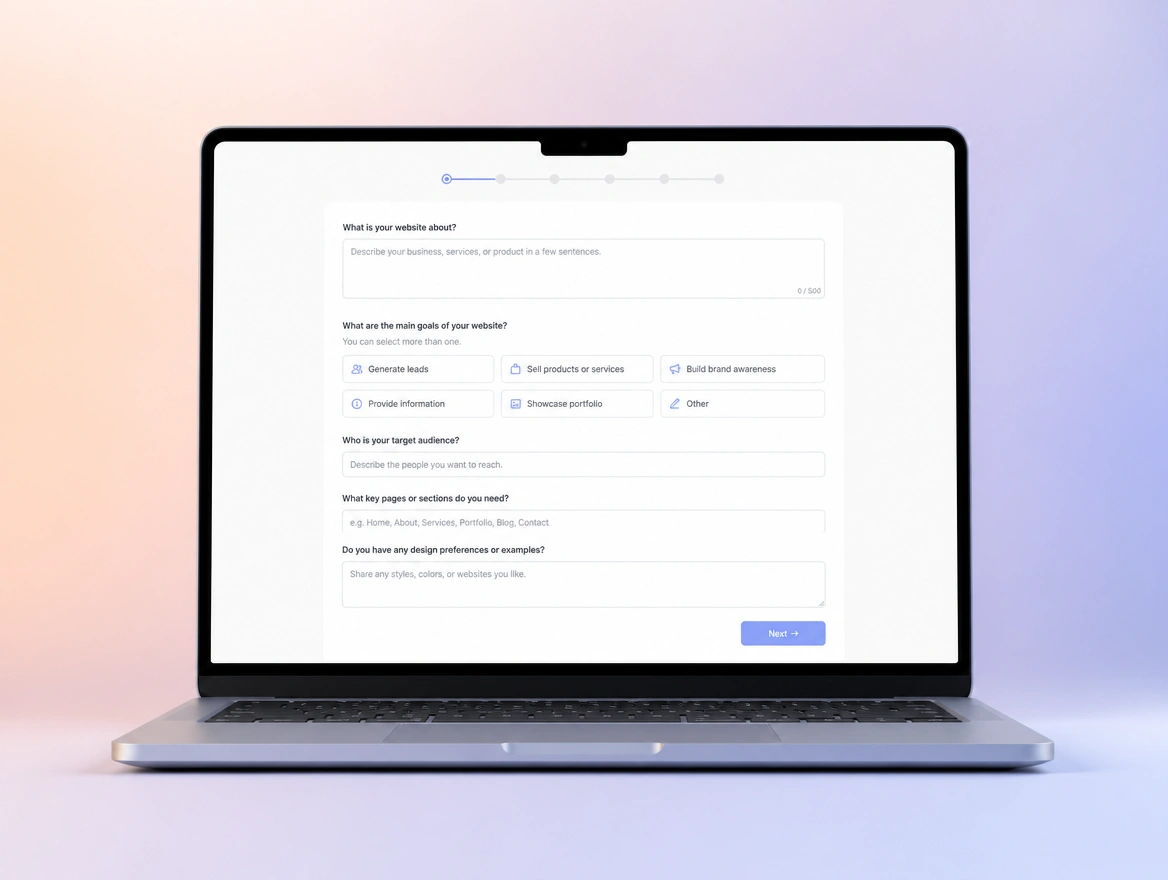A short intake form describing a client website and its goals