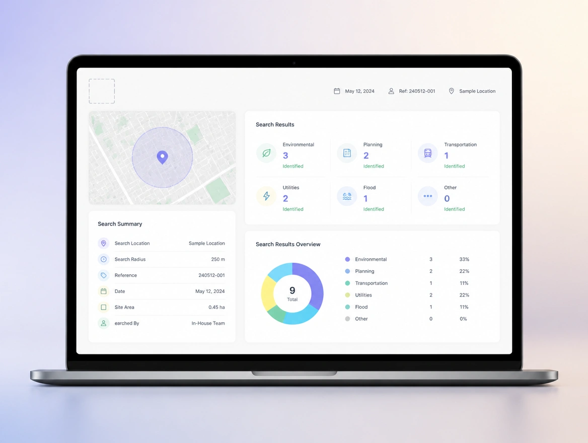 A client-facing search report with a blank logo placeholder in the corner