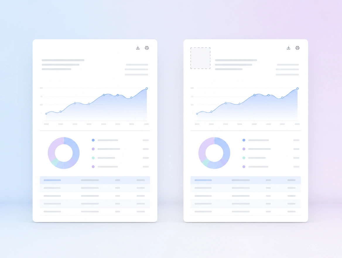 Two versions of the same report side by side, one plain and one with a blank logo placeholder