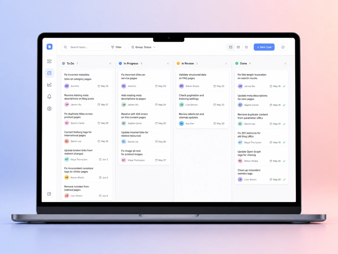 A working task board of search fixes with owners and due dates