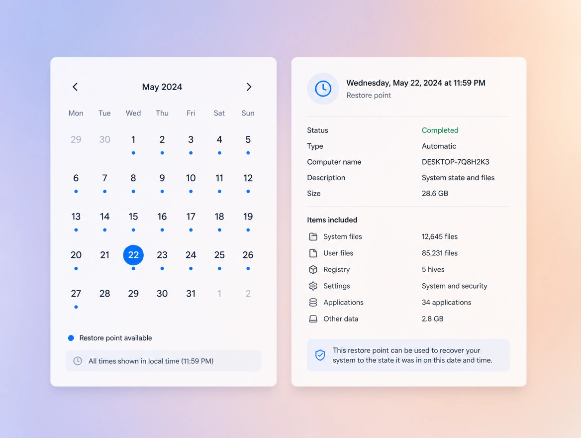 Website mockup showing backups and restores
