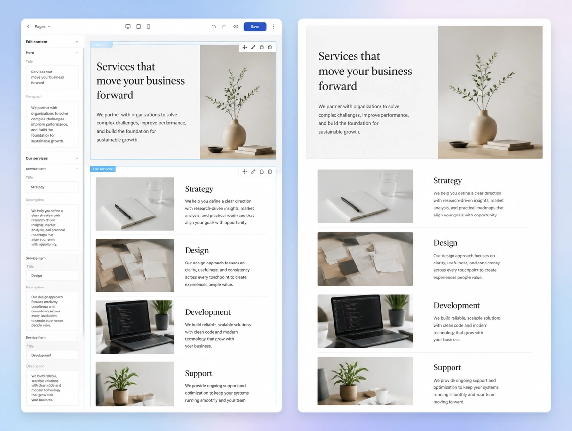 Website mockup showing content edits