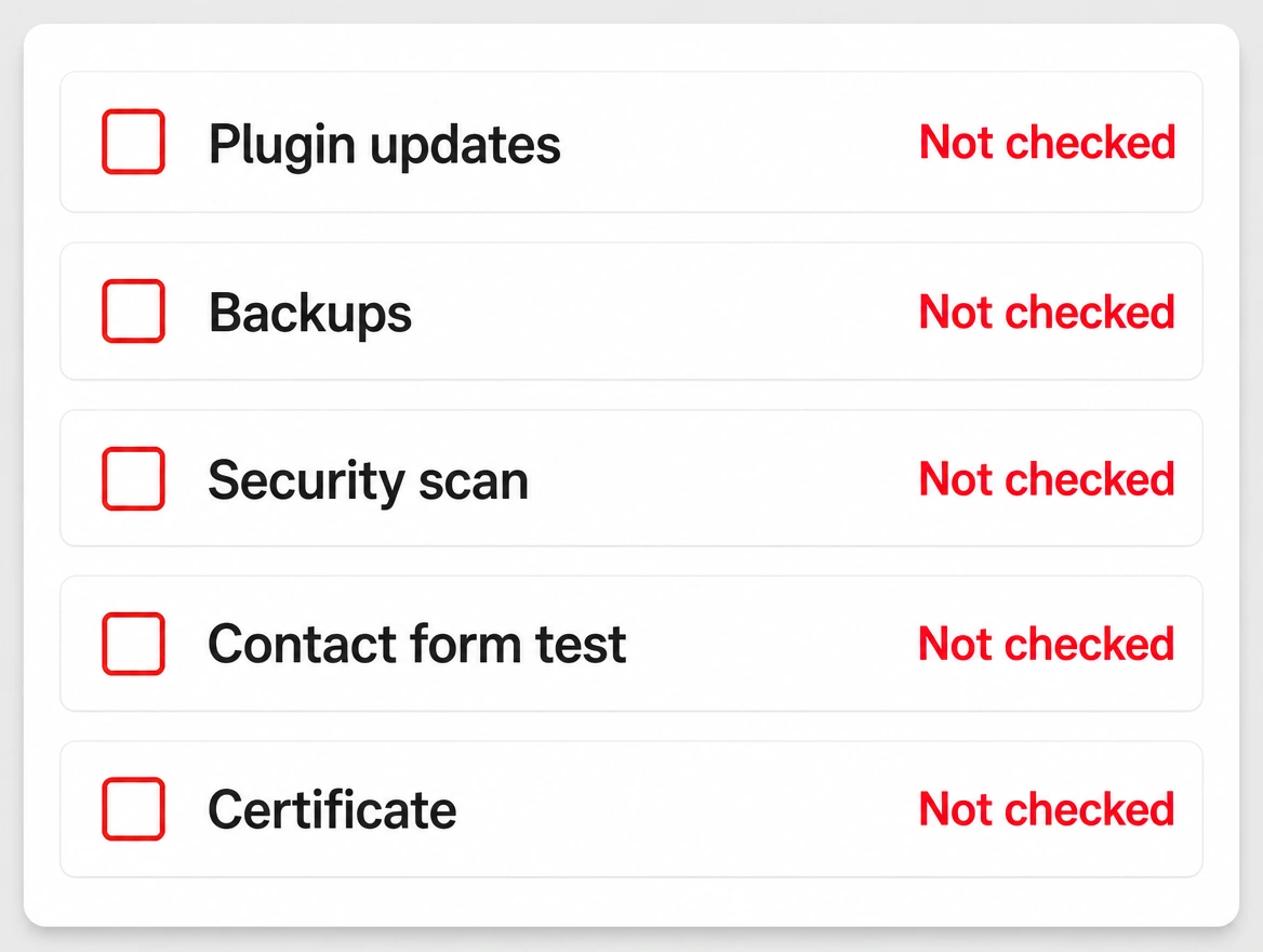 Website maintenance checklist with every row marked not checked in red
