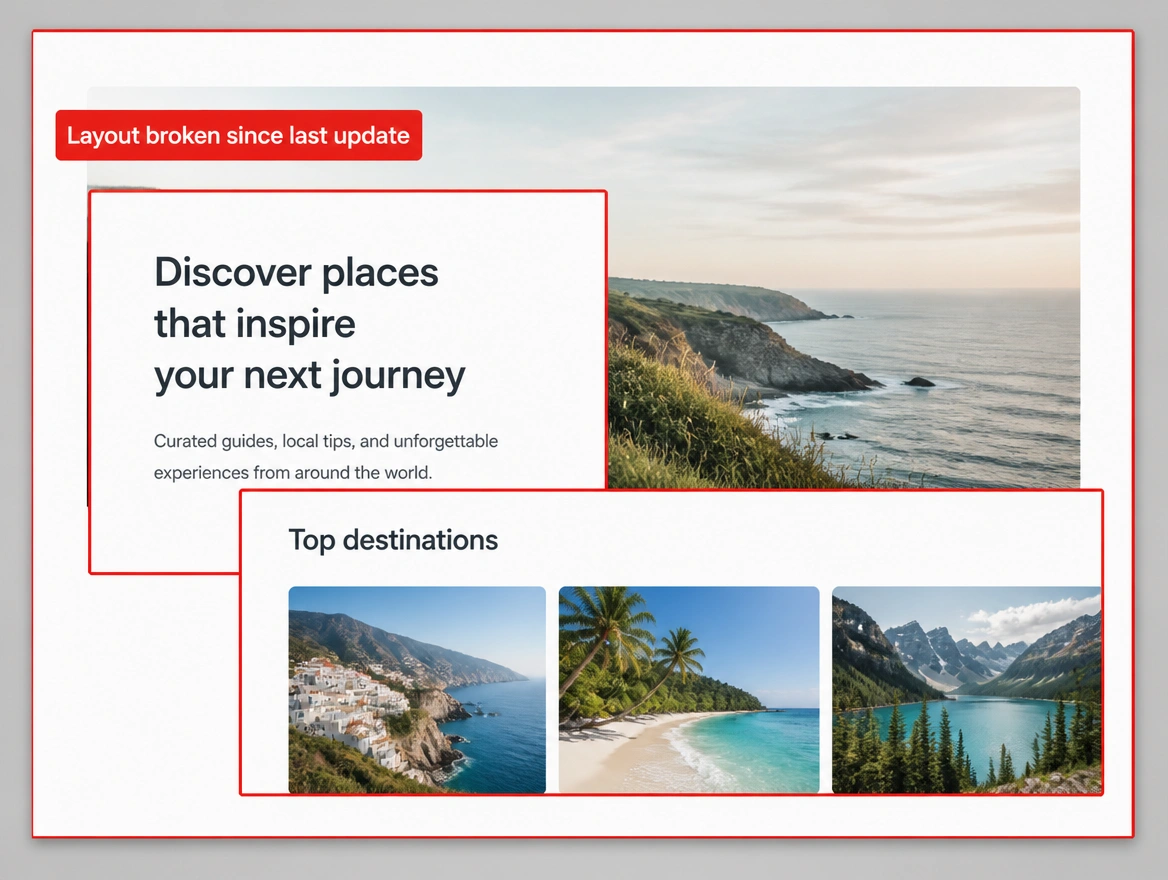 Web page with a collapsed layout outlined in red as broken since the last update