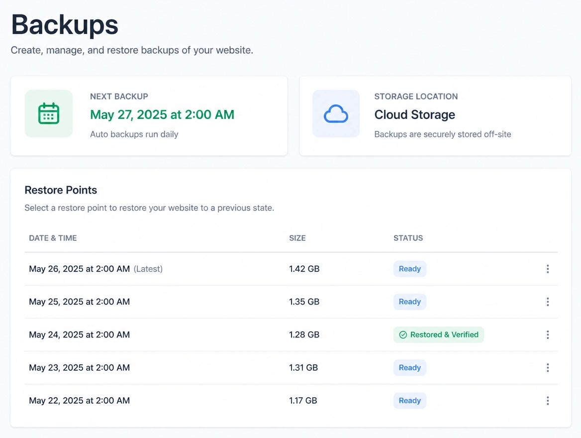 A backup panel listing daily restore points each marked verified