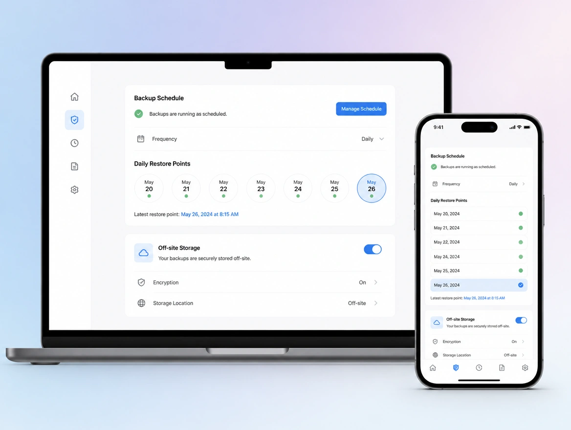 Website mockup showing backups and a tested restore